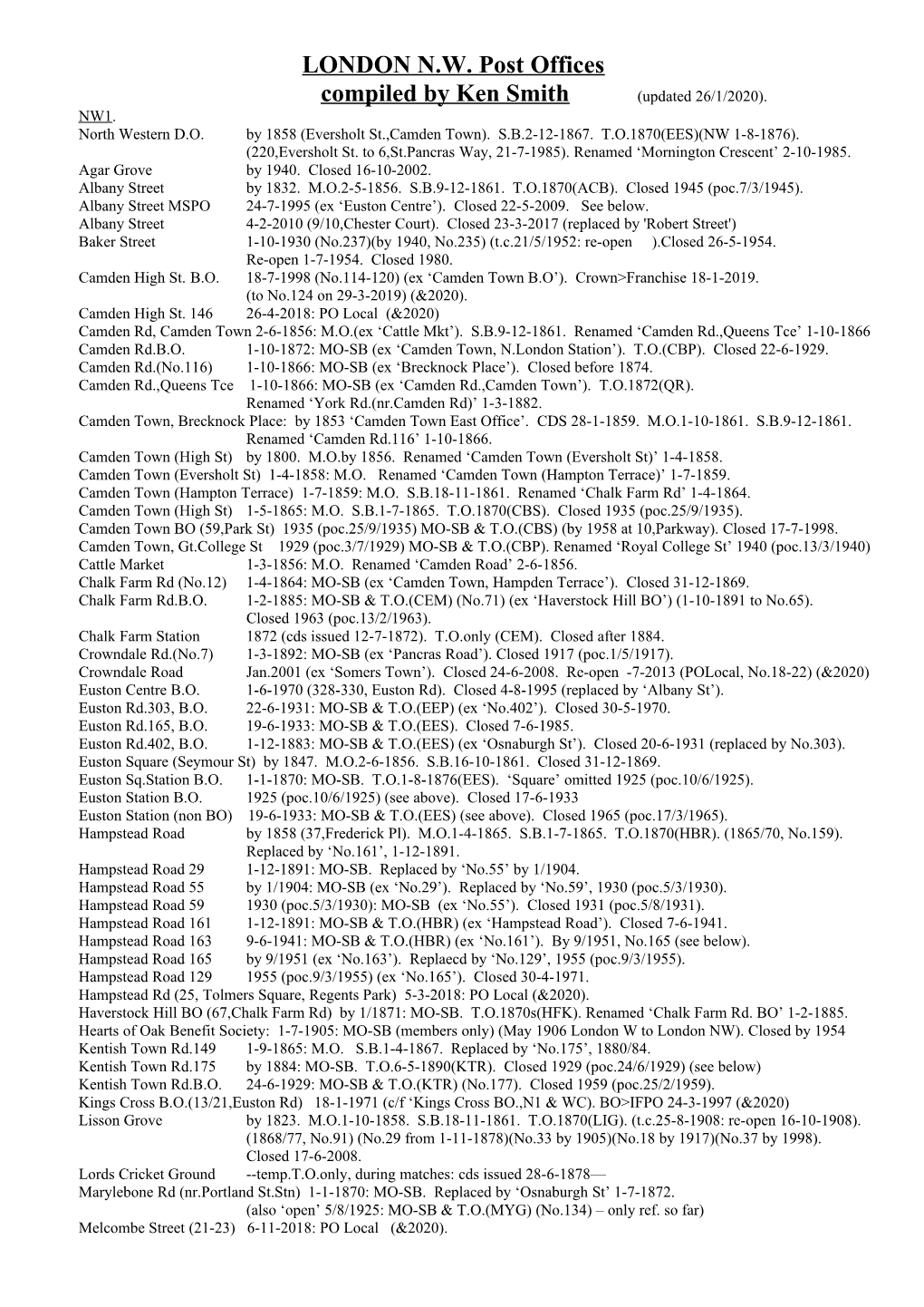 LONDON N.W. Post Offices Compiled by Ken Smith (Updated 26/1/2020)