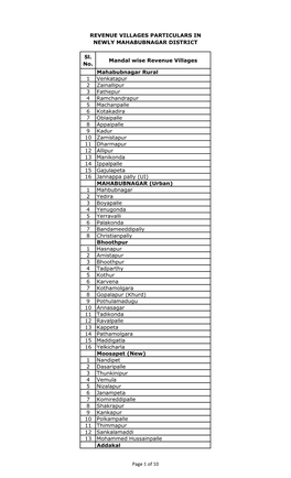 Sl. No. Mandal Wise Revenue Villages Mahabubnagar Rural 1