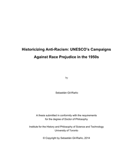 Historicizing Anti-Racism: UNESCO’S Campaigns Against Race Prejudice in the 1950S