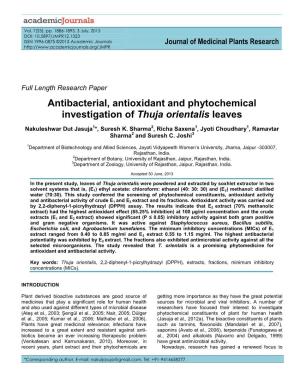 Antibacterial, Antioxidant and Phytochemical Investigation of Thuja Orientalis Leaves