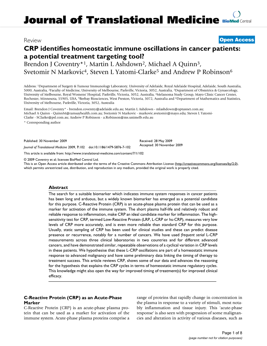 CRP Identifies Homeostatic Immune Oscillations in Cancer Patients: A