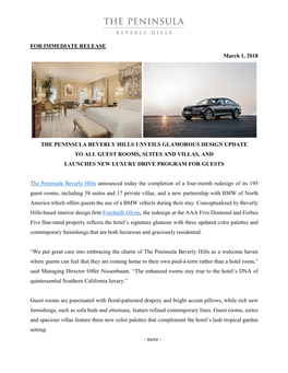 FOR IMMEDIATE RELEASE March 1, 2018 the PENINSULA BEVERLY
