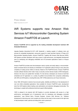 IAR Systems Supports New Amazon Web Services Iot Microcontroller Operating System Amazon Freertos at Launch