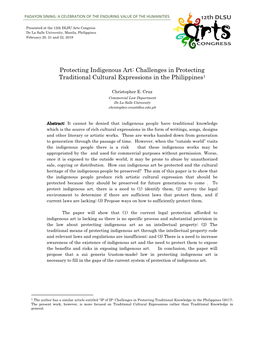 Protecting Indigenous Art: Challenges in Protecting Traditional Cultural Expressions in the Philippines1