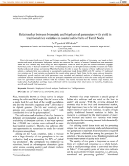 Relationship Between Biometric and Biophysical Parameters with Yield in Traditional Rice Varieties in Coastal Saline Belts of Tamil Nadu