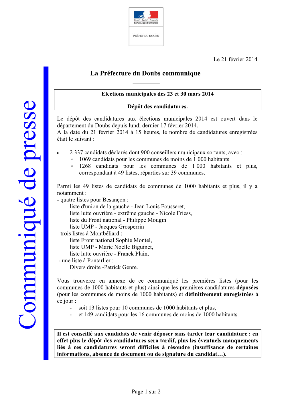 Communiqué De Presse