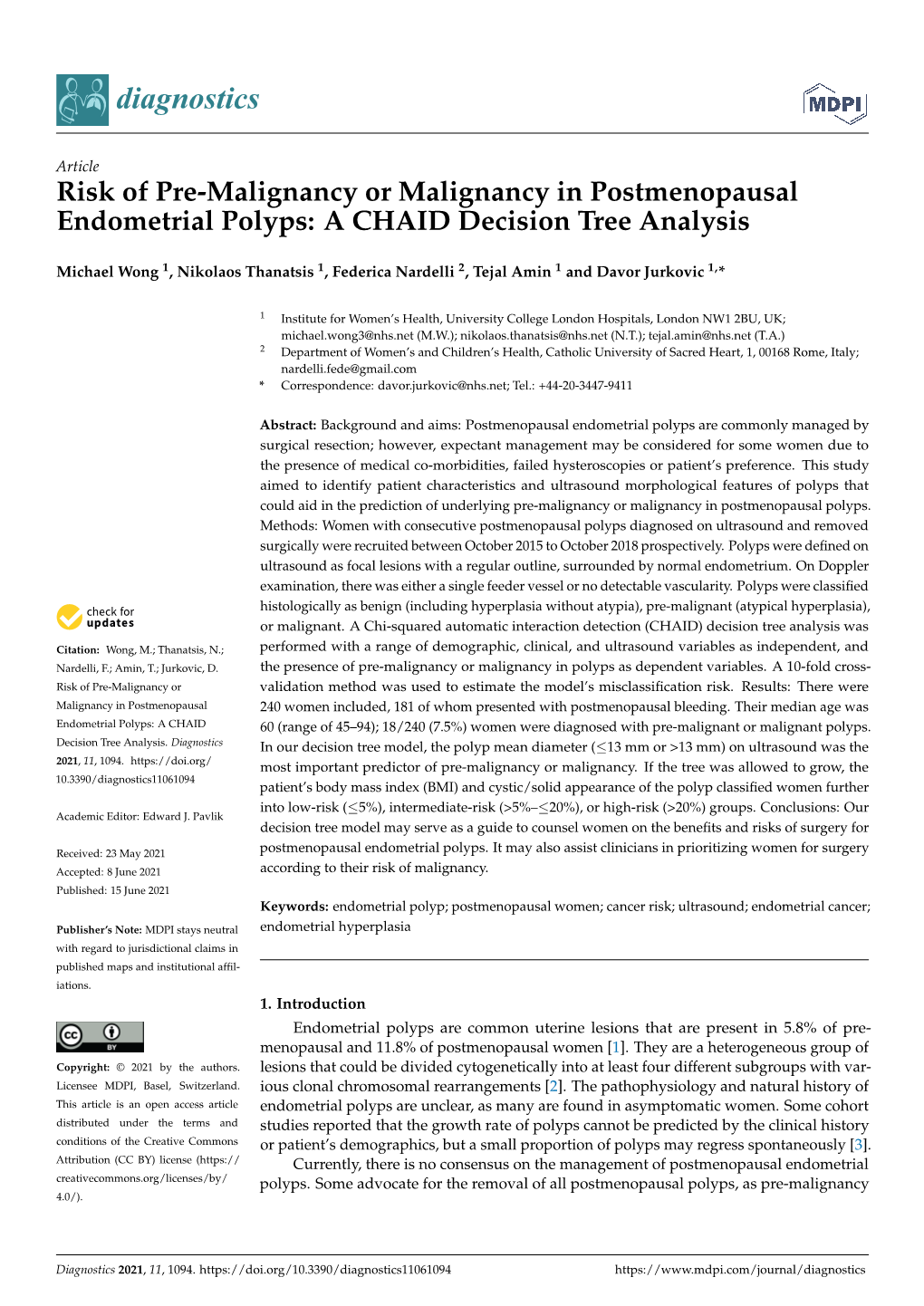 Risk of Pre-Malignancy Or Malignancy in Postmenopausal Endometrial Polyps: a CHAID Decision Tree Analysis