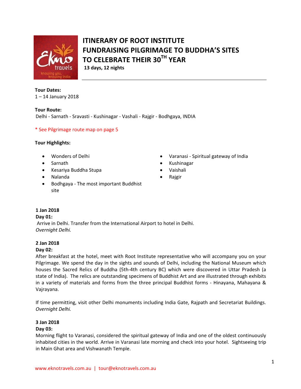 Itinerary of Root Institute Fundraising Pilgrimage to Buddha's Sites To