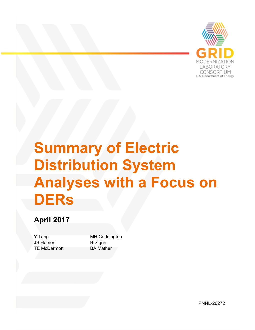 Summary of Electric Distribution System Analyses with a Focus on Ders April 2017