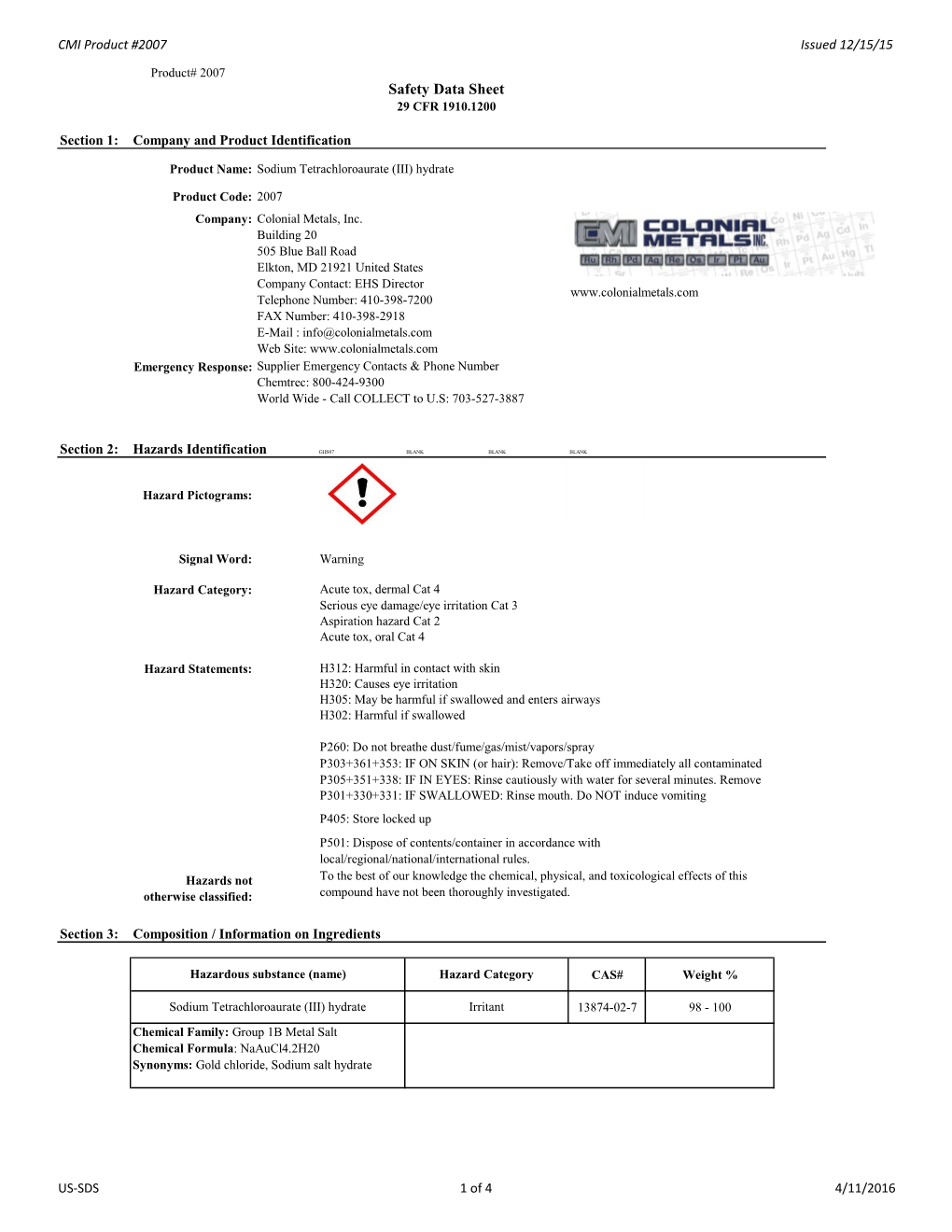 Safety Data Sheet 29 CFR 1910.1200