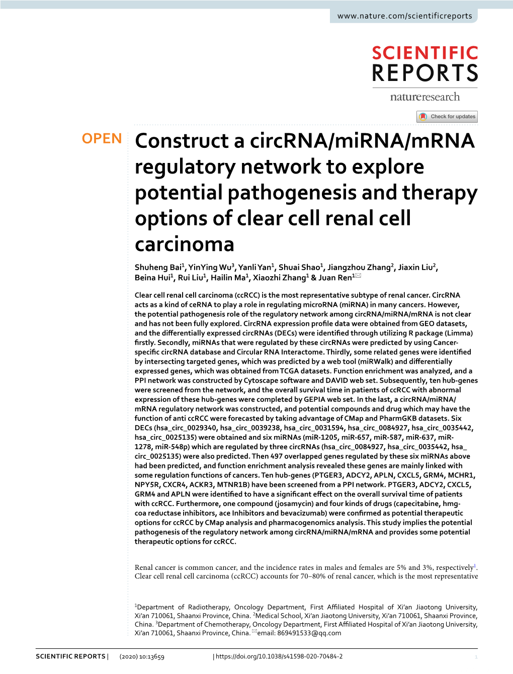 Construct a Circrna/Mirna/Mrna Regulatory Network to Explore Potential Pathogenesis and Therapy Options of Clear Cell Renal Cell