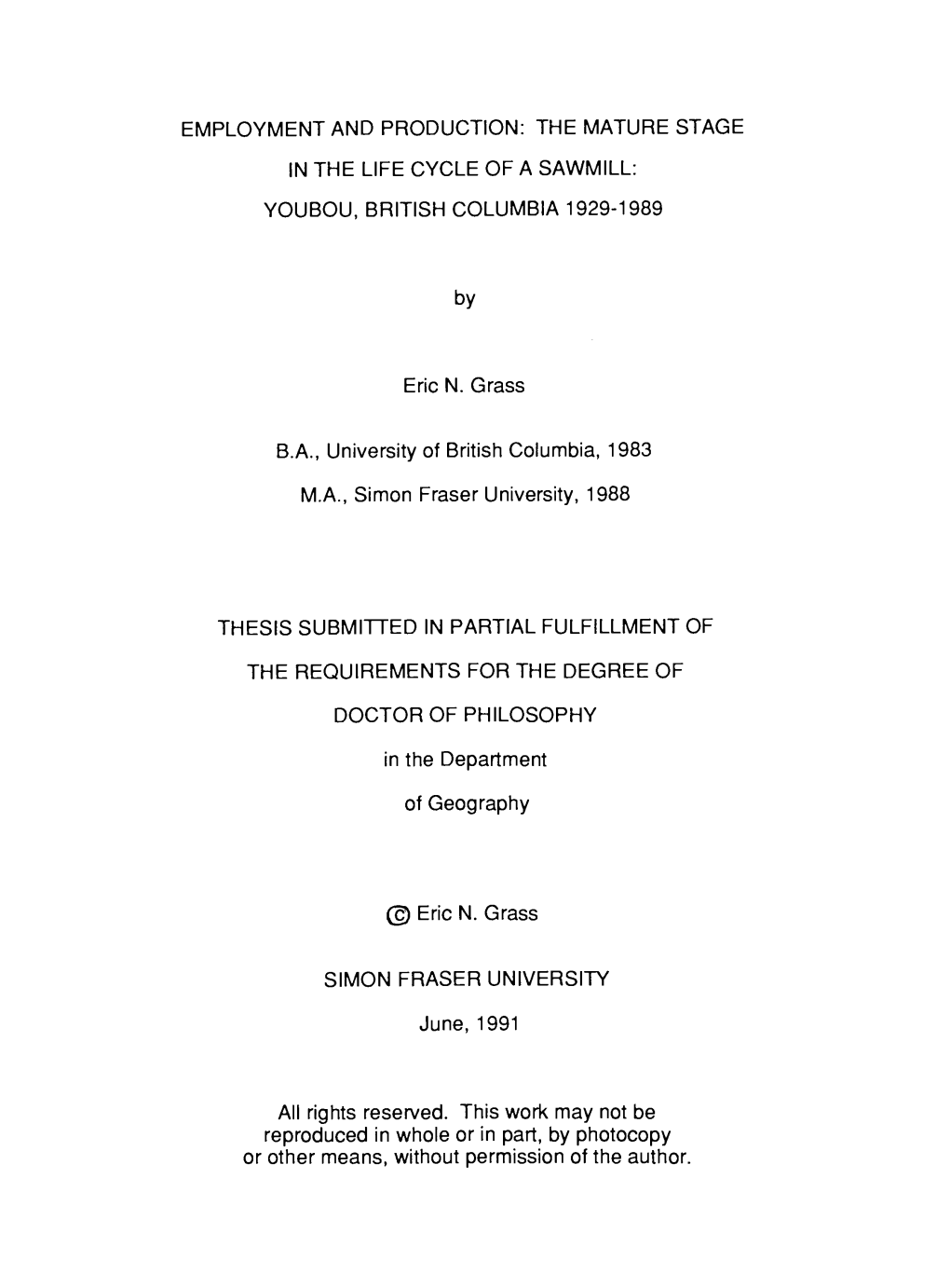 Employment and Production : the Mature Stage in the Life Cycle of a Sawmill : Youbou, British Columbia 1929