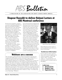 Shapour Rassekh to Deliver Balyuzi Lecture at ABS Montreal Conference