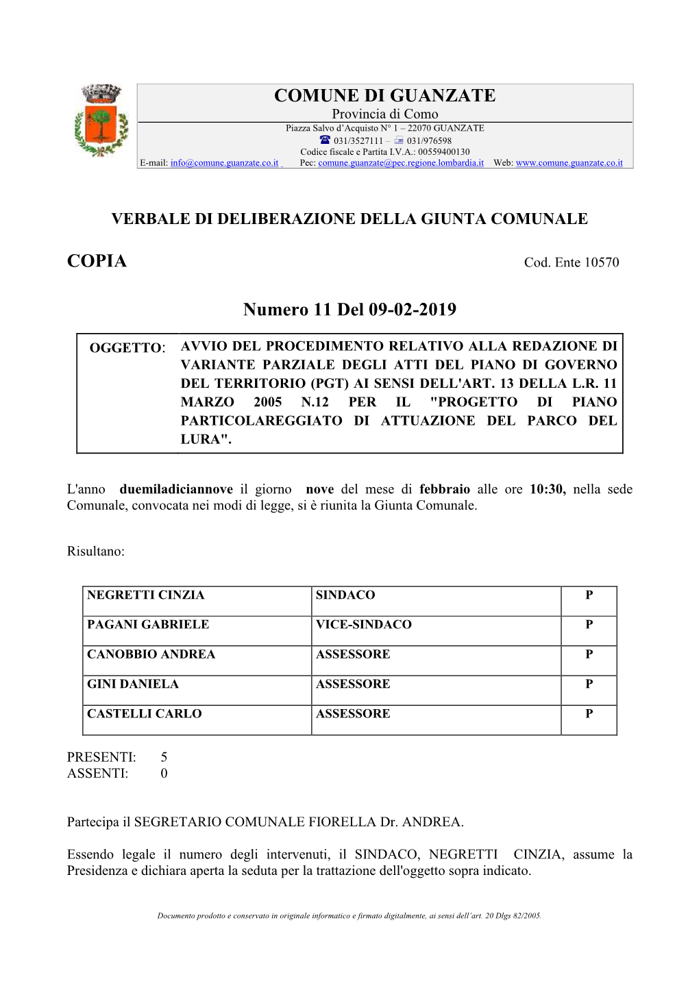 COMUNE DI GUANZATE COPIA Numero 11 Del 09-02-2019