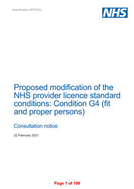 Proposed Modification of the NHS Provider Licence Standard Conditions: Condition G4 (Fit and Proper Persons)