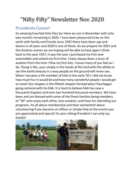 “Nifty Fifty” Newsletter Nov. 2020 Presidents Corner! Its Amazing How Fast Time Flies By! Here We Are in November with Only Two Months Remaining in 2020