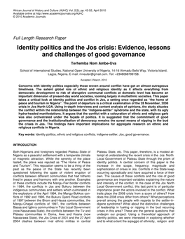 Identity Politics and the Jos Crisis: Evidence, Lessons and Challenges of Good Governance