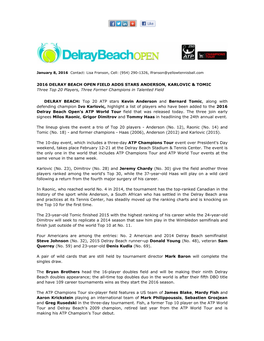 2016 Delray Beach Open ATP World Tour Singles Field Announced