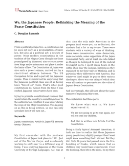 We, the Japanese People: Rethinking the Meaning of the Peace Constitution