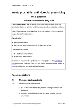 Acute Prostatitis: Antimicrobial Prescribing NICE Guideline Draft for Consultation, May 2018