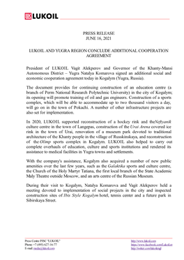 Press Release June 16, 2021 Lukoil and Yugra Region