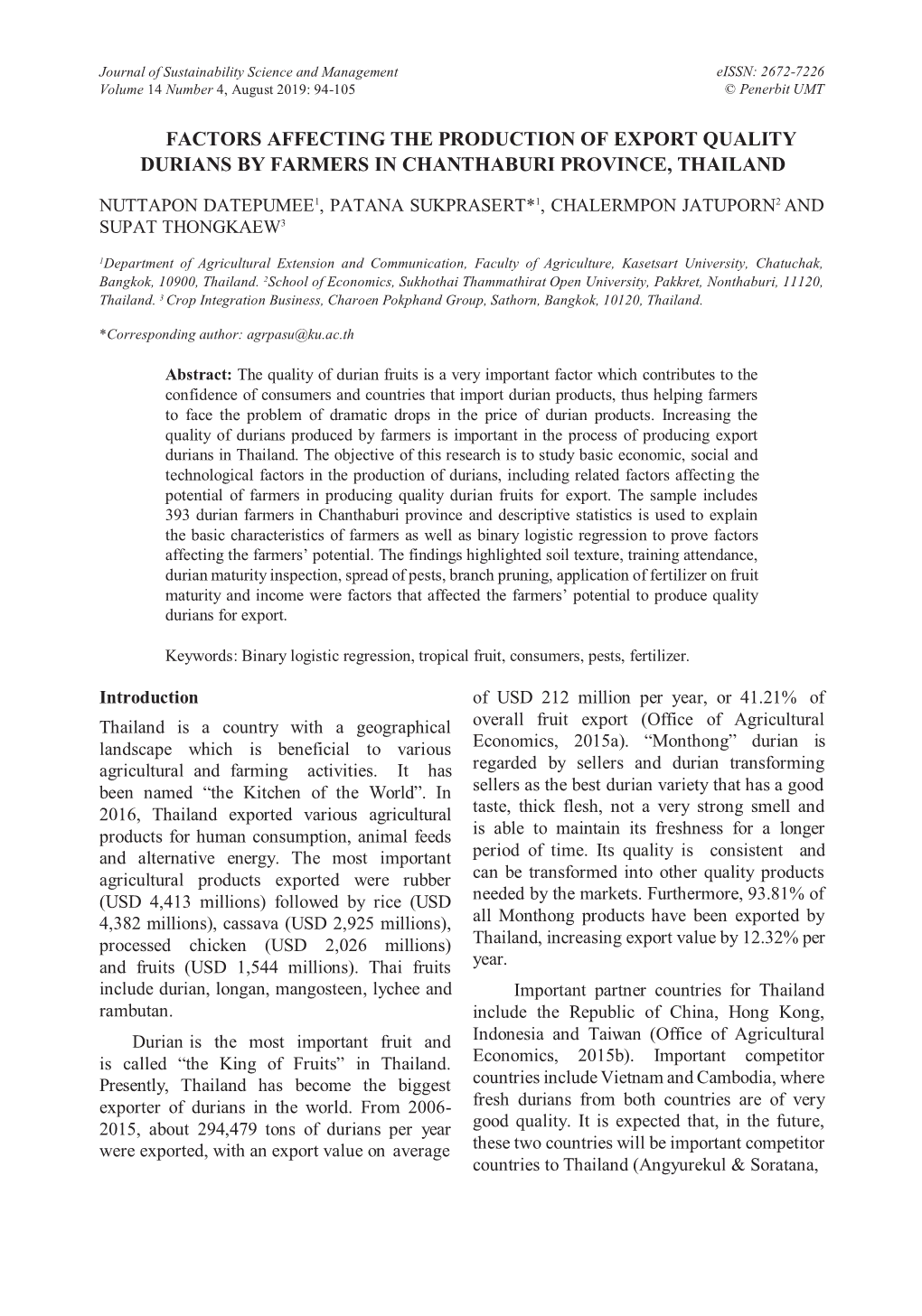 Factors Affecting the Production of Export Quality Durians by Farmers in Chanthaburi Province, Thailand