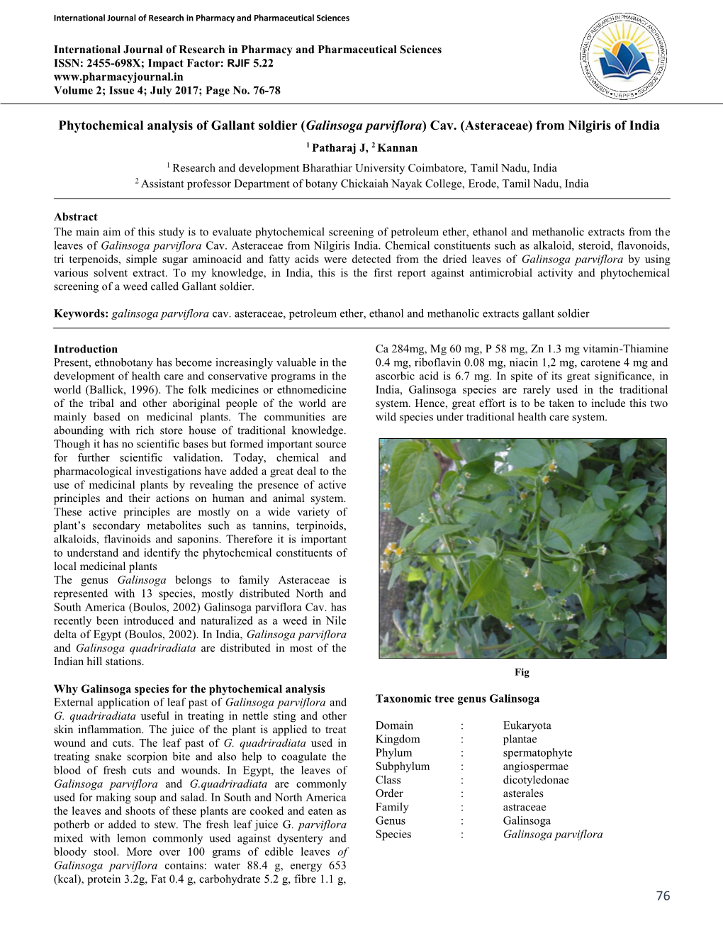 Phytochemical Analysis of Gallant Soldier (Galinsoga Parviflora) Cav