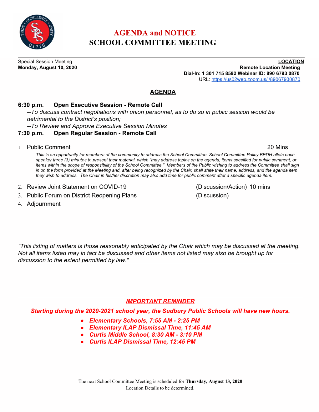 AGENDA and NOTICE SCHOOL COMMITTEE MEETING