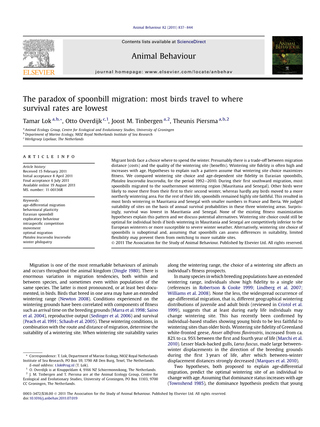 The Paradox of Spoonbill Migration: Most Birds Travel to Where Survival Rates Are Lowest