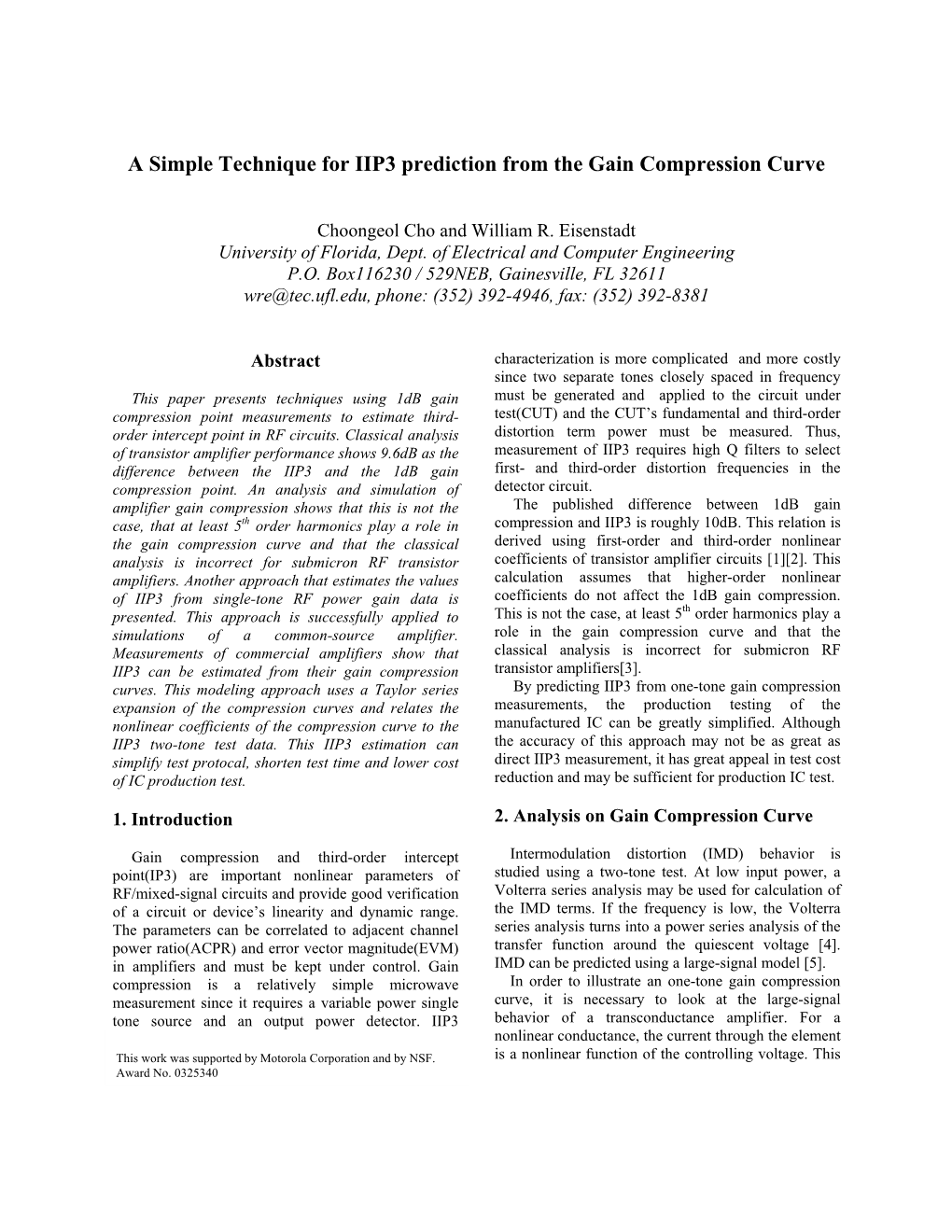 A Simple Technique for IIP3 Prediction from the Gain Compression Curve