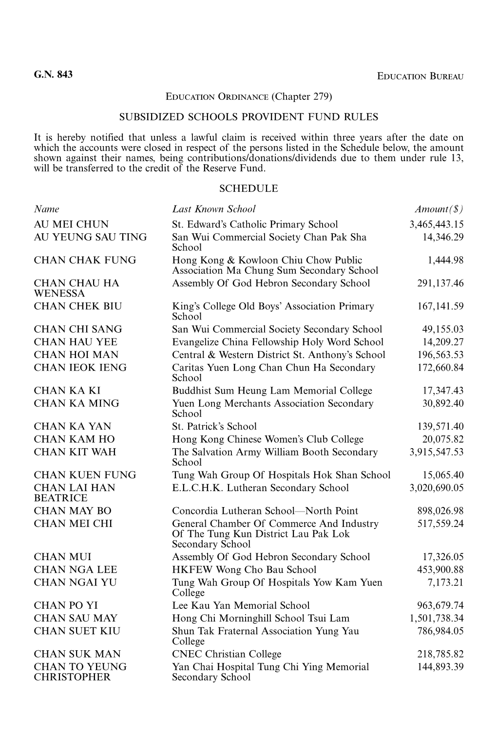 G.N. 843 Education Bureau Education Ordinance (Chapter 279