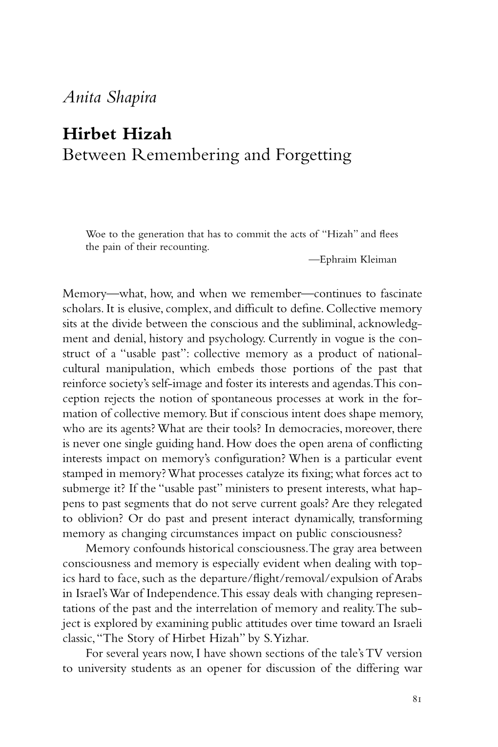 Anita Shapira Hirbet Hizah Between Remembering and Forgetting