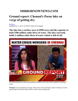 MIRRORNOWNEWS.COM Ground Report: Chennai's Porur Lake on Verge of Getting Dry