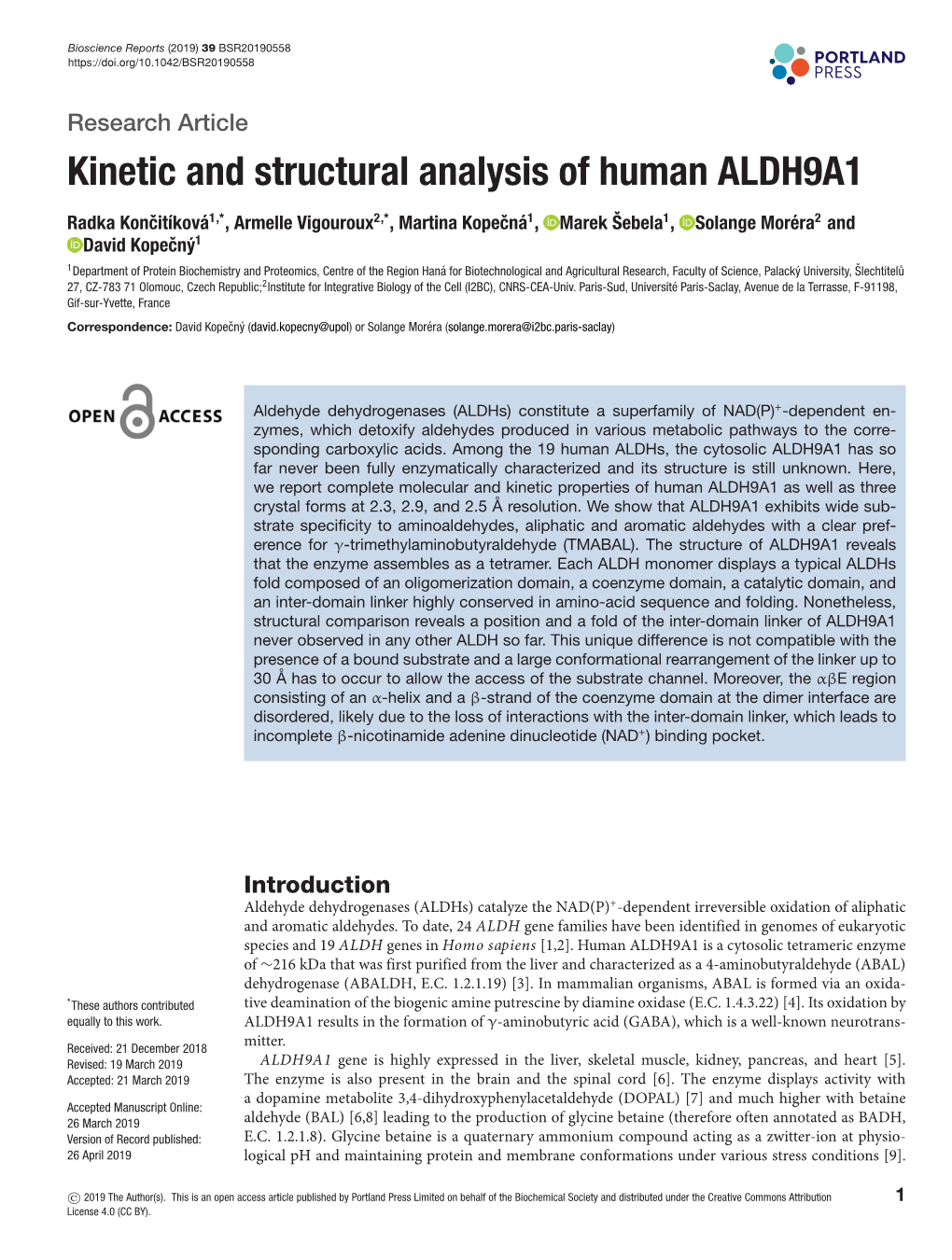 Kinetic and Structural Analysis of Human ALDH9A1