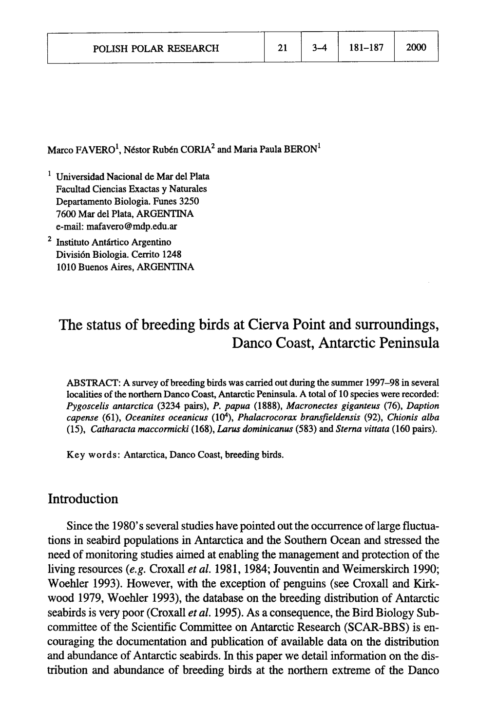 The Status of Breeding Birds at Cierva Point and Surroundings, Danco Coast, Antarctic Peninsula