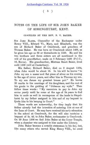 Notes on the Life of Sir John Baker of Sissinghurst, Kent