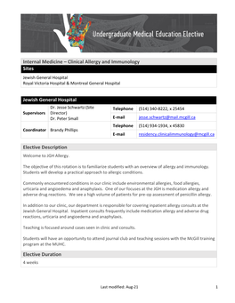 Clinical Allergy and Immunology Sites Jewish General Hospital Elective