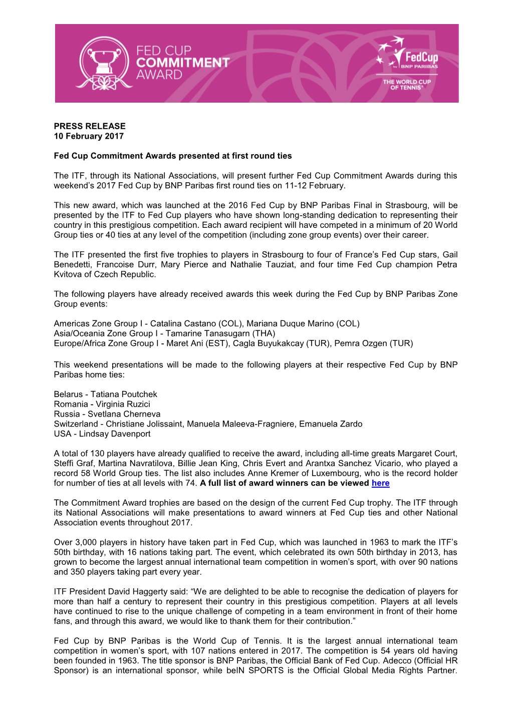 PRESS RELEASE 10 February 2017 Fed Cup Commitment Awards Presented at First Round Ties the ITF, Through Its National Association