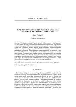 Jewish Communities in the Political and Legal Systems of Post-Yugoslav Countries