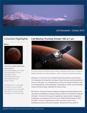 Celestial Highlights LAS Meeting Thursday October 16Th at 7 Pm