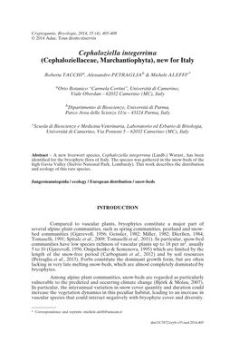 Cephaloziella Integerrima (Cephaloziellaceae, Marchantiophyta), New for Italy