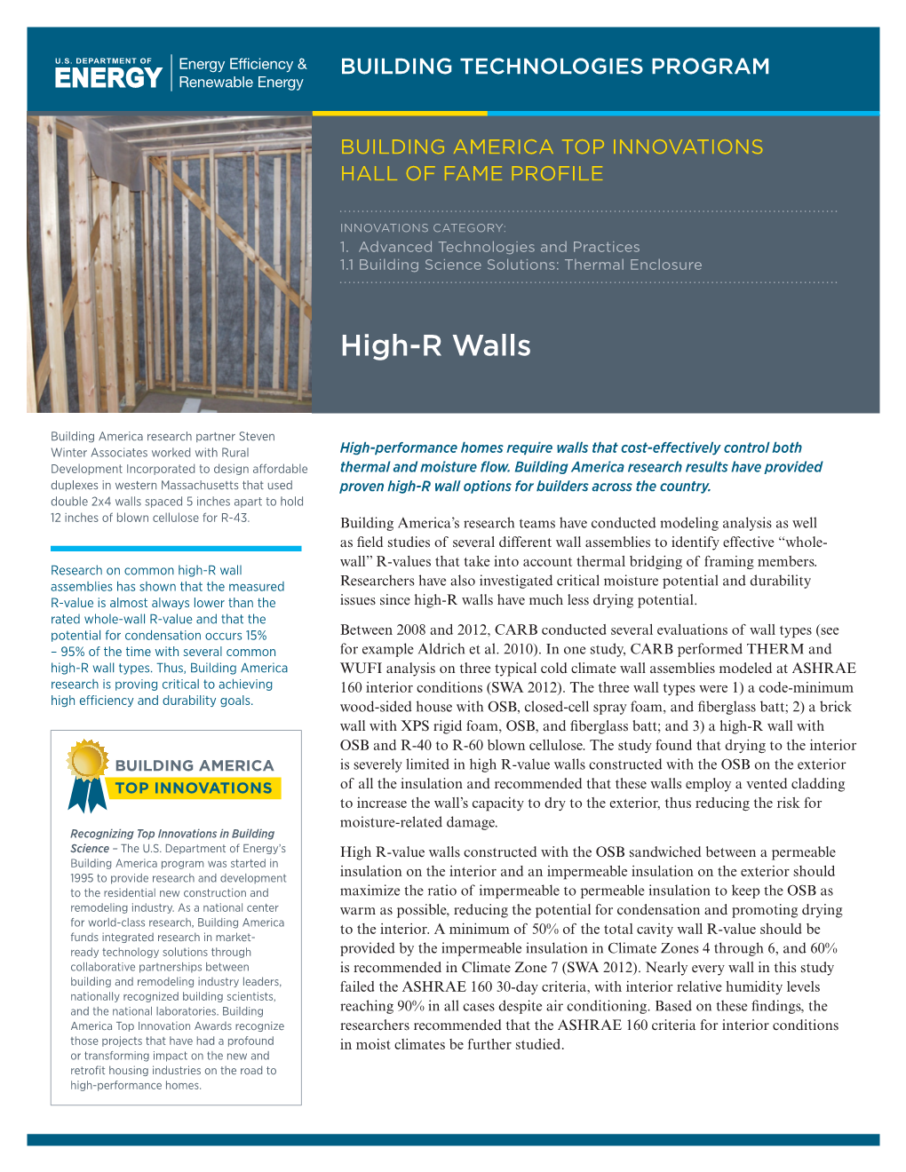 Building America Top Innovations Hall of Fame Profile – High-R Walls