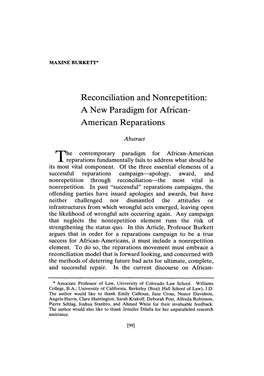 Reconciliation and Nonrepetition: a New Paradigm for African- American Reparations
