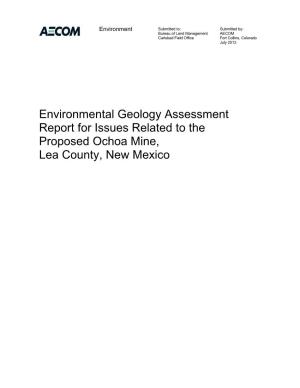 Environmental Geology Assessment Report for Issues Related to the Proposed Ochoa Mine, Lea County, New Mexico
