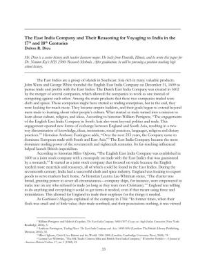 The East India Company and Their Reasoning for Voyaging to India in the 17Th and 18Th Centuries Dalton R