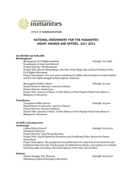 National Endowment for the Humanities Grant Awards and Offers, July 2012