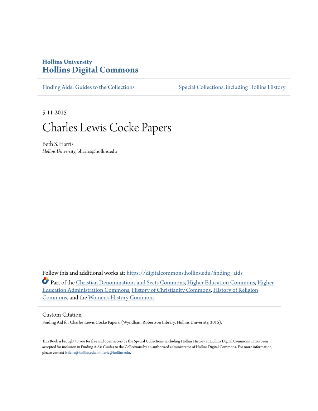Charles Lewis Cocke Papers Beth S