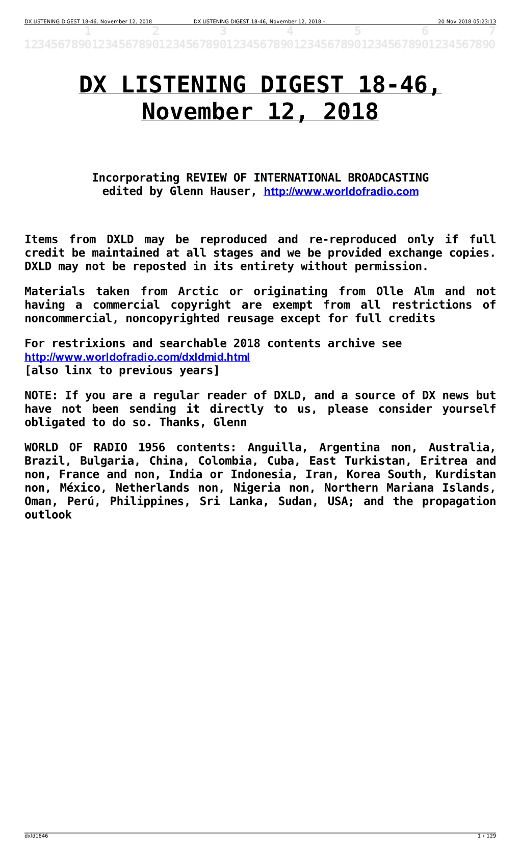 DX LISTENING DIGEST 18-46, November 12, 2018 DX LISTENING DIGEST 18-46, November 12, 2018 - 20 Nov 2018 05:23:13