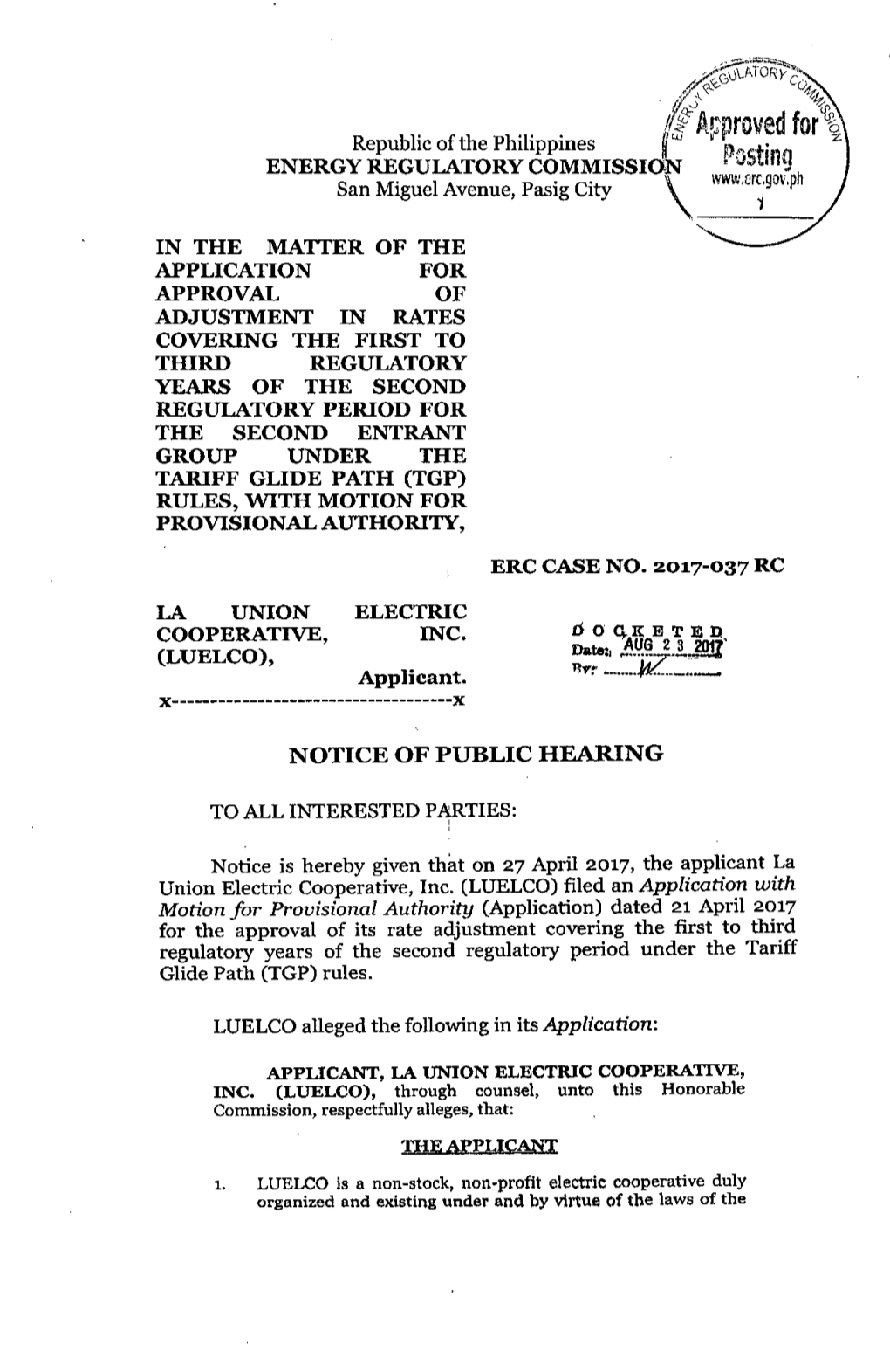 Initial Order, ERC Case No. 2017-037 RC