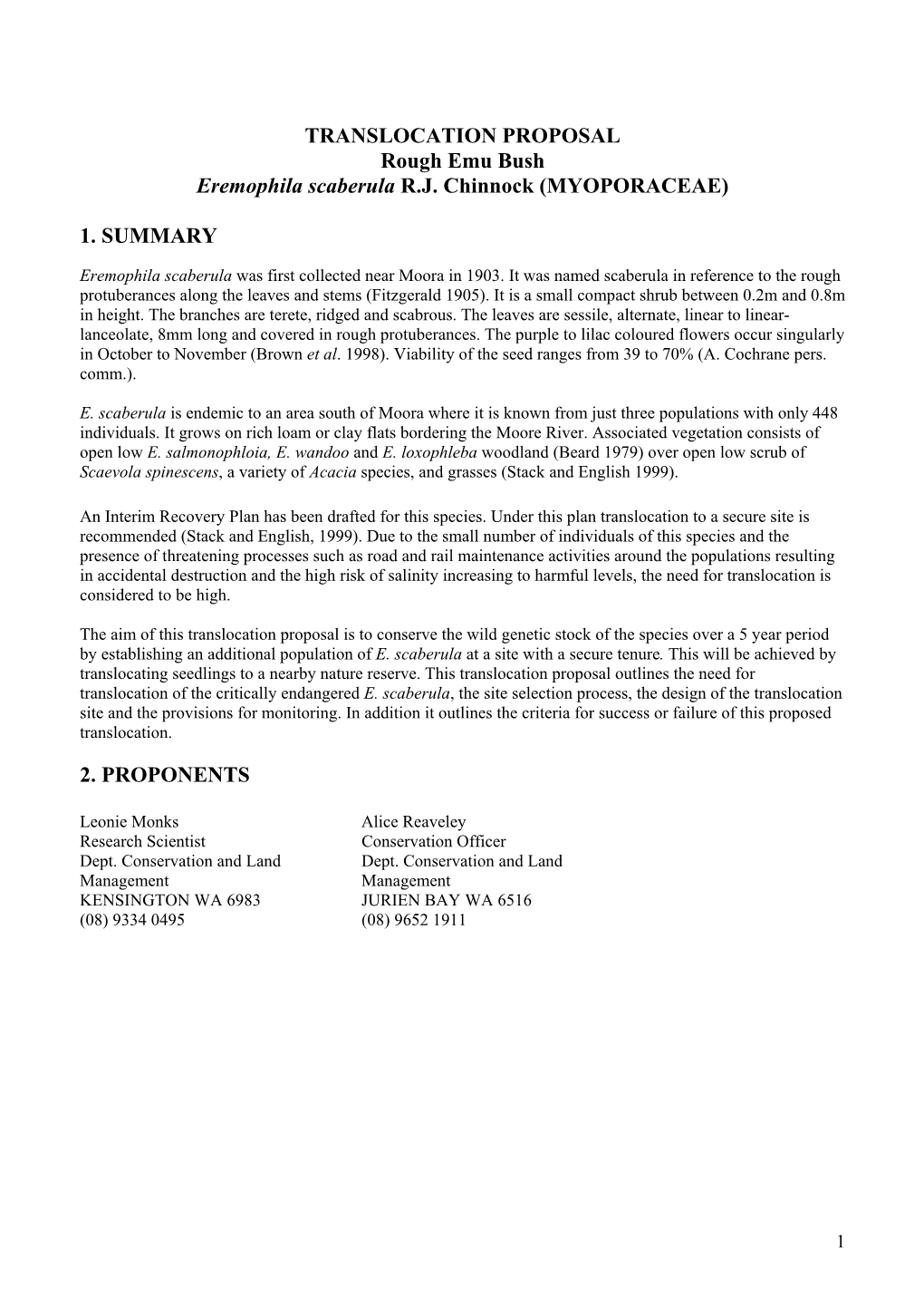 TRANSLOCATION PROPOSAL Rough Emu Bush Eremophila Scaberula R.J